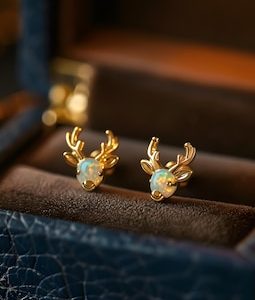 Deer Opal Stud Earrings, Animal Earrings, Rose Gold Silver Studs, White Fire Opal Nature Stag Deer Head, Christmas Gift, Animal Lover Gift