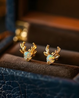 Deer Opal Stud Earrings, Animal Earrings, Rose Gold Silver Studs, White Fire Opal Nature Stag Deer Head, Christmas Gift, Animal Lover Gift