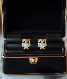 Owl Opal Stud Earrings, White Fire Opal Earrings, Tiny Owl Earrings, Animal Earrings Rose Gold Silver Studs, Nature Pet Lover Gift for Her