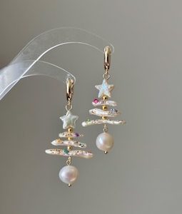 Holiday special natural freshwater baroque star pearl biwa pipa christmas tree dangle earring,gift for her,christmas gift