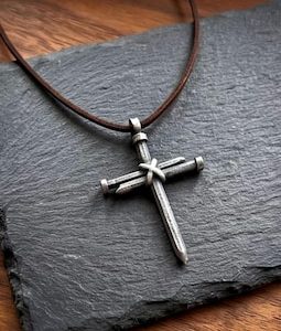 Nail Cross Necklace - Personalized Leather Cord Necklace for Men - Christian Gift for Him - Faith Keepsake