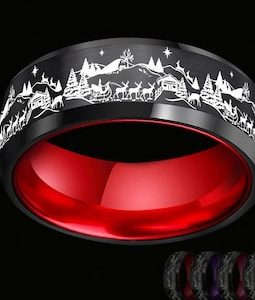 Engraved Santa's Sleigh Ring, Sleigh Ring, Christmas Ring, Santa Reindeer Jewelry, Christmas Eve Promise Ring, Tungsten Ring