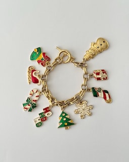 Vintage 1960s-1970s Gold Tone Christmas Charm Bracelet – Enamel Santa, Snowman, Tree, Snowflake