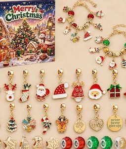 Christmas Advent Calendar Charm Bracelet, Christmas Jewellery Gift, Festive Charm Beads, Santa Snowflake Reindeer Charms, Holiday Countdown