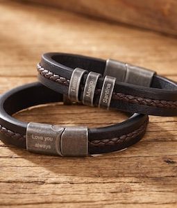 Personalized Mens Braided Leather Bracelet, Custom Dad Bracelet with Kids Name, Family Name Bracelet, Christmas Fathers Day Gift for Husband