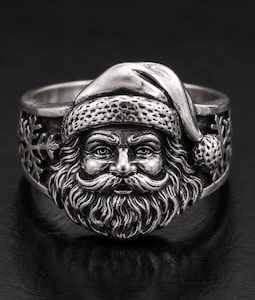 Oxidized Sterling Silver Santa Signet Ring, Carved Face, Snowflake Band, Holiday Jewelry