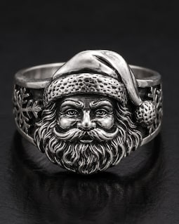 Oxidized Sterling Silver Santa Signet Ring, Carved Face, Snowflake Band, Holiday Jewelry